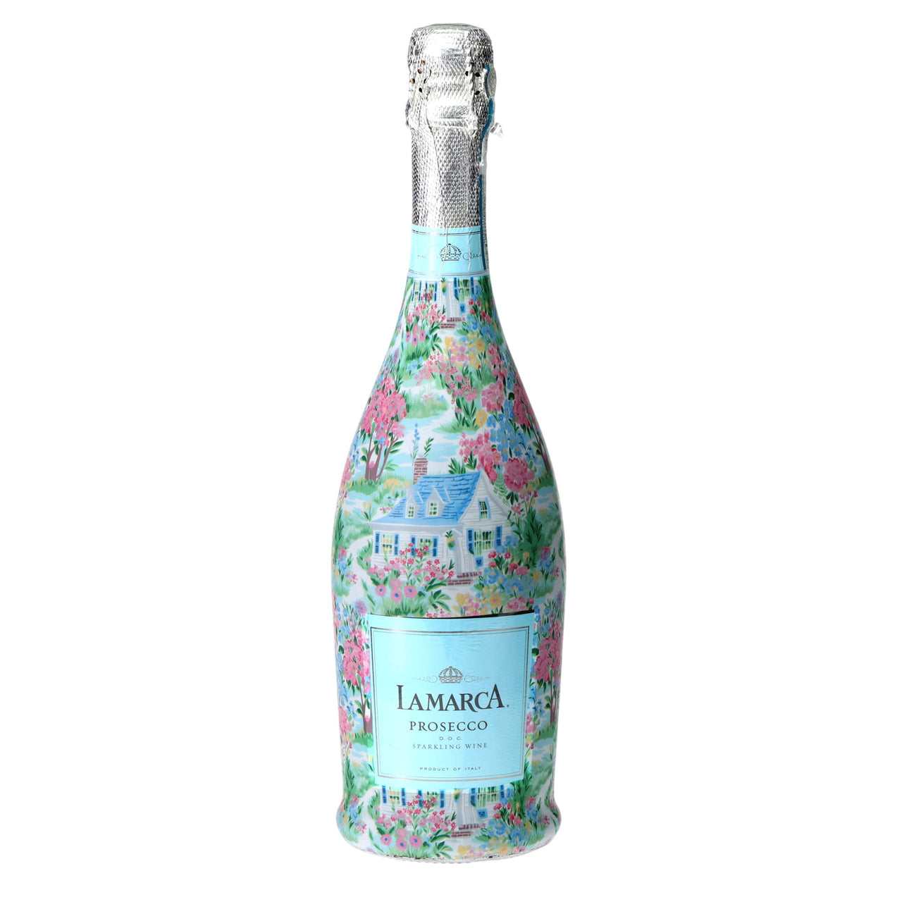 Hamptons Cottage Garden Prosecco Bottle Wrap bottle wrap on a La Marca prosecco bottle