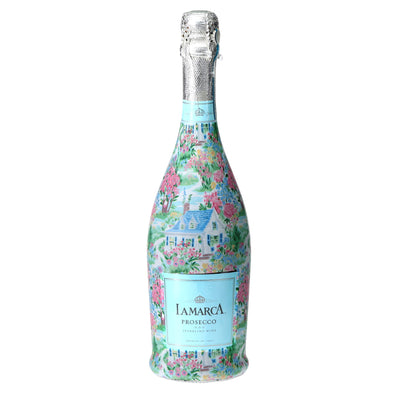 Hamptons Cottage Garden Prosecco Bottle Wrap bottle wrap on a La Marca prosecco bottle