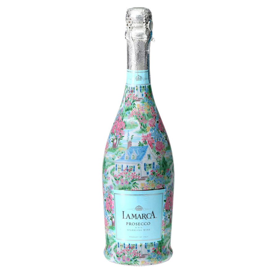 Hamptons Cottage Garden Prosecco Bottle Wrap bottle wrap on a La Marca prosecco bottle