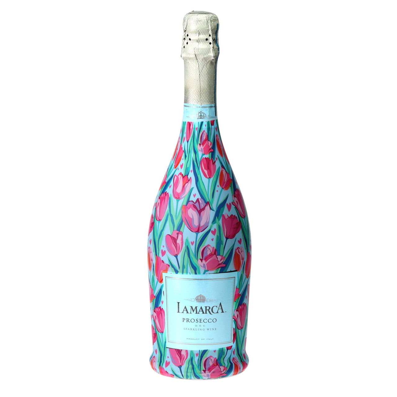 Blushing Tulip Garden Prosecco Bottle Wrap bottle wrap on a La Marca prosecco bottle