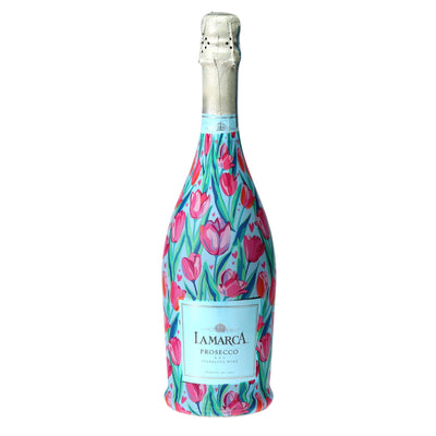 Blushing Tulip Garden Prosecco Bottle Wrap bottle wrap on a La Marca prosecco bottle