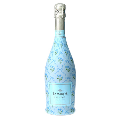 Blue Bows & Blossoms Prosecco Bottle Wrap bottle wrap on a La Marca prosecco bottle