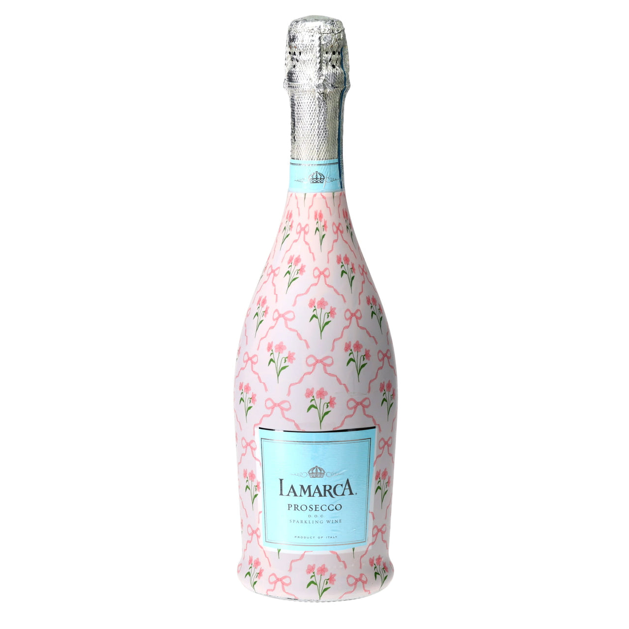 Pink Bows & Blossoms Prosecco Bottle Wrap bottle wrap on a La Marca prosecco bottle