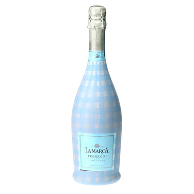 Powder Blue Picnic Gingham Prosecco Bottle Wrap bottle wrap on a La Marca prosecco bottle