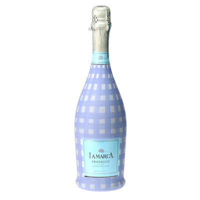 Lavender Haze Picnic Gingham Prosecco Bottle Wrap bottle wrap on a La Marca prosecco bottle