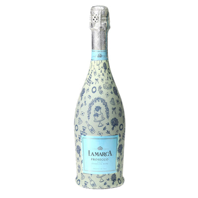 Blue Wedding Toile Prosecco Bottle Wrap bottle wrap on a La Marca prosecco bottle