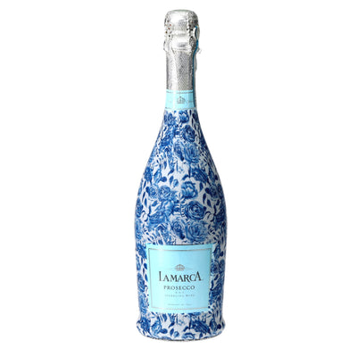 Blue Porcelain Roses Prosecco Bottle Wrap bottle wrap on a La Marca prosecco bottle