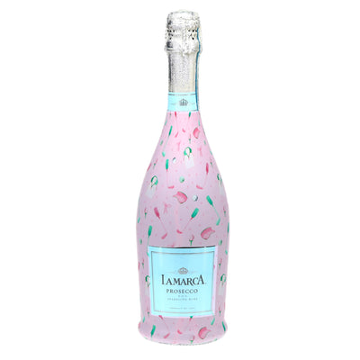 Clubs & Ribbons Prosecco Bottle Wrap bottle wrap on a La Marca prosecco bottle