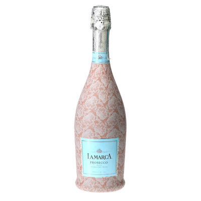 Blush Lace Floral Prosecco Bottle Wrap bottle wrap on a La Marca prosecco bottle