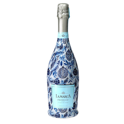 Limited Edition Blue & White Ornament Prosecco Bottle Wrap bottle wrap on a La Marca prosecco bottle
