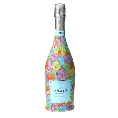 Limited Edition Large Conversational Hearts Prosecco Bottle Wrap bottle wrap on a La Marca prosecco bottle