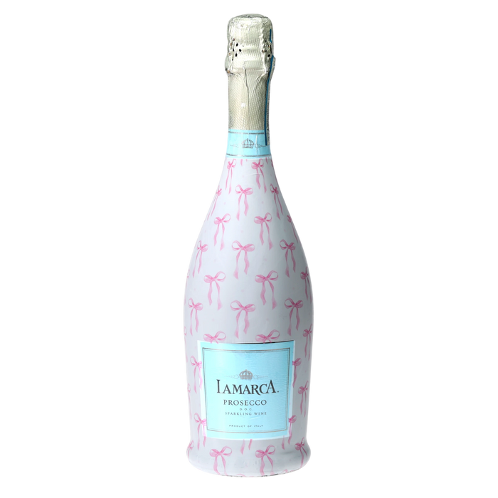 Grandmillennial Pink Bows Prosecco Bottle Wrap — 360 view