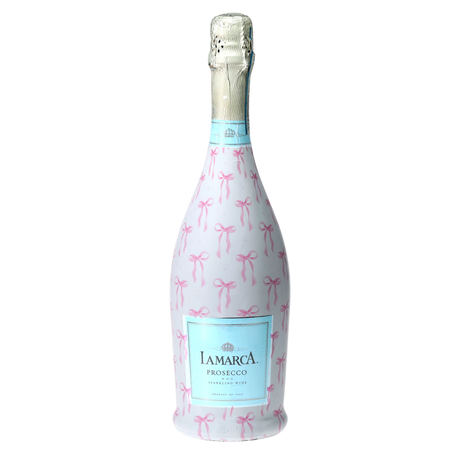 Grandmillennial Pink Bows Prosecco Bottle Wrap — 360 view