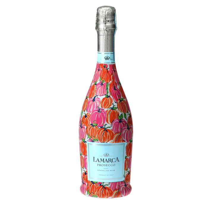 Pink & Orange Pumpkins Prosecco Bottle Wrap — 360 view