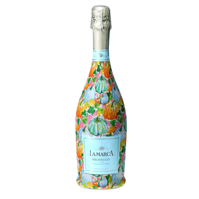 Orange & Blue Pumpkins Prosecco Bottle Wrap — 360 view