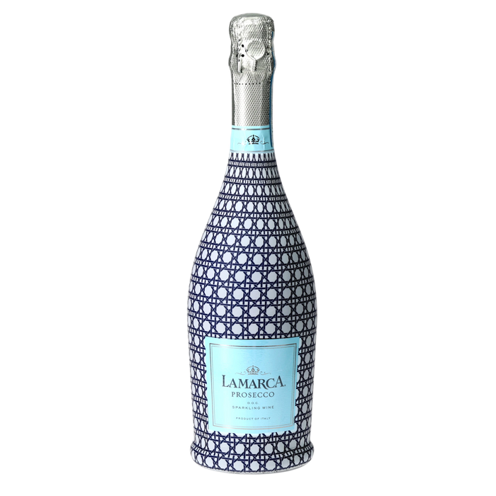 Navy & White Cane Prosecco Bottle Wrap — 360 view