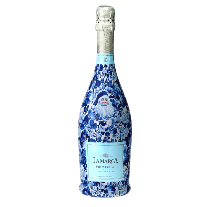 Blue & White Santa Prosecco Bottle Wrap — 360 view