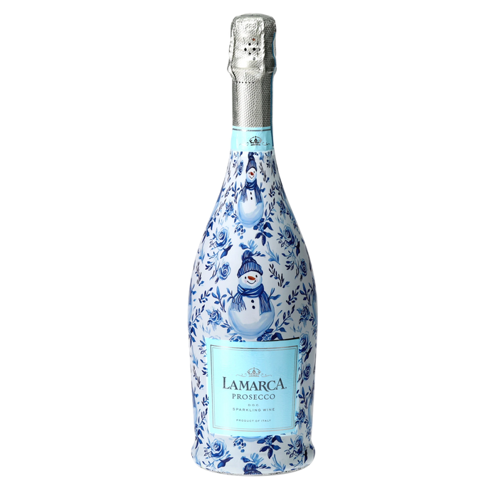 Blue & White Snowman Prosecco Bottle Wrap — 360 view