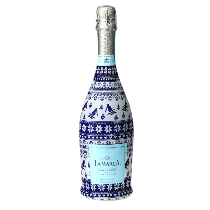 Blue & White Knitted Ski Prosecco Bottle Wrap — 360 view