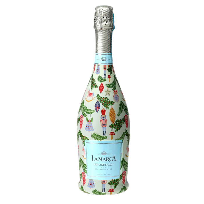 Merry Little Ornaments Prosecco Bottle Wrap — 360 view