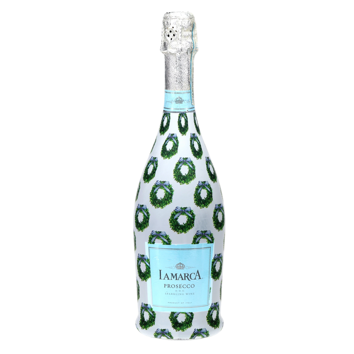 WH Hostess Boxwood Wreaths Prosecco Bottle Wrap — 360 view