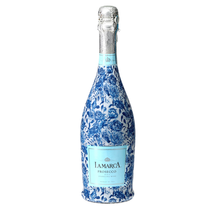 Blue Porcelain Roses Prosecco Bottle Wrap — 360 view
