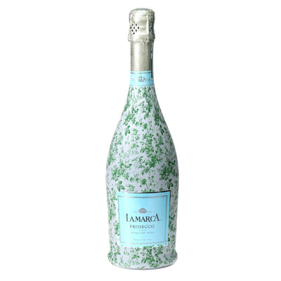 Grandmillennial Green Floral Prosecco Bottle Wrap bottle wrap on a La Marca prosecco bottle