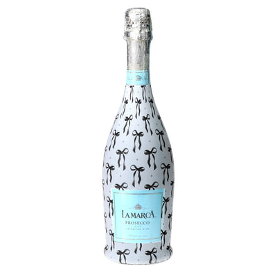 Grandmillennial Black Bows Prosecco Bottle Wrap bottle wrap on a La Marca prosecco bottle
