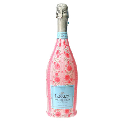 Pink Chateau Rose Stripe Prosecco Bottle Wrap bottle wrap on a La Marca prosecco bottle