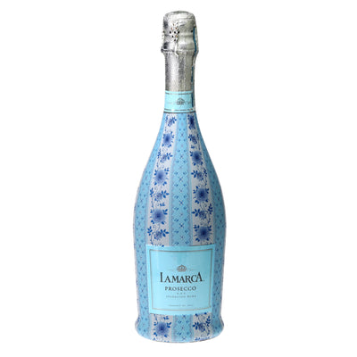Blue Chateau Rose Stripe Prosecco Bottle Wrap bottle wrap on a La Marca prosecco bottle