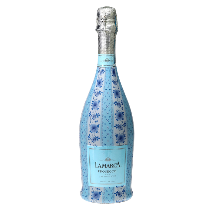 Blue Chateau Rose Stripe Prosecco Bottle Wrap — 360 view