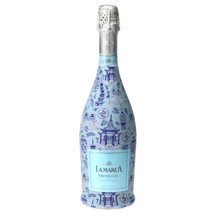 Blue Chinoiserie Pagodas by Carrie Cantwell Prosecco Bottle Wrap — 360 view