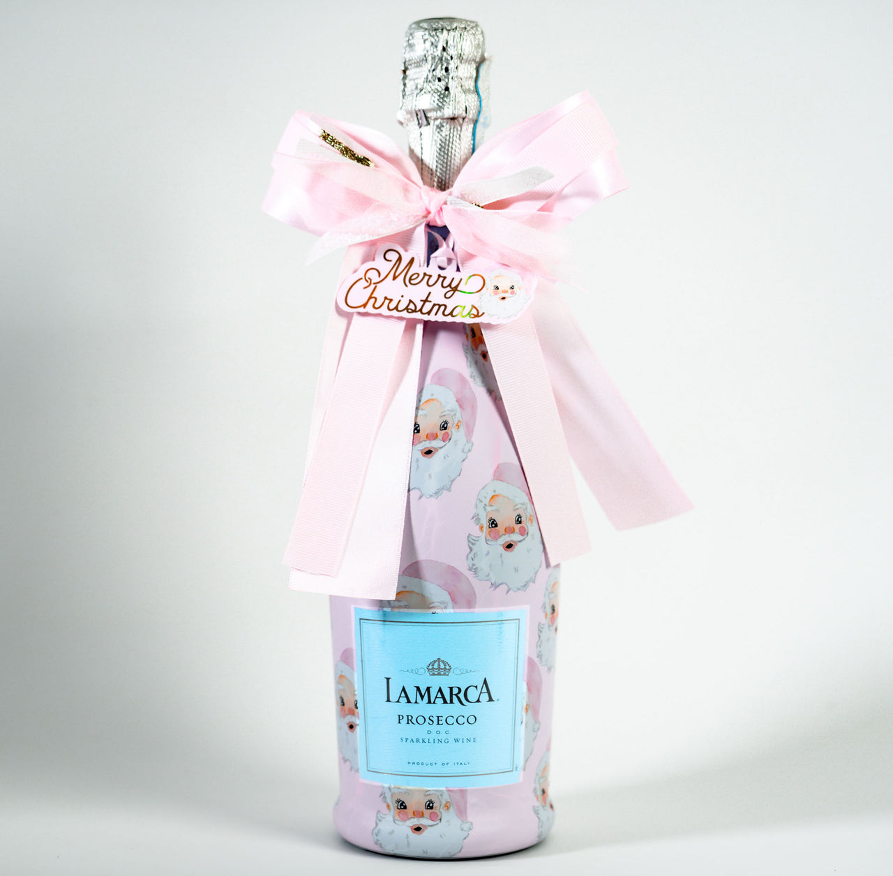 Wrapido Watercolor Pink Santa Bottle Wrap & Bougie Bow Matching Set on La Marca Prosecco