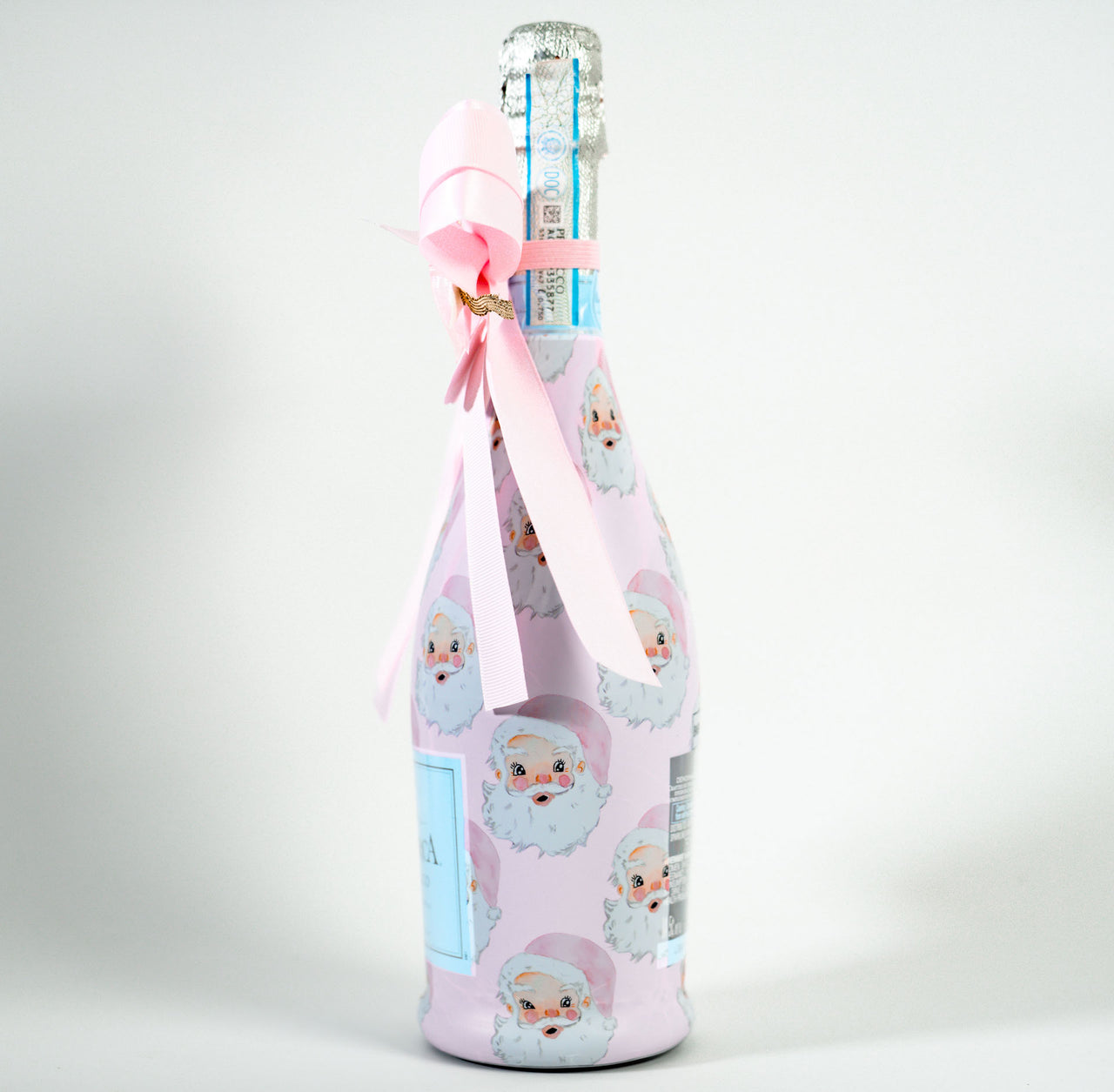 Wrapido Watercolor Pink Santa Bottle Wrap & Bougie Bow Matching Set on La Marca Prosecco