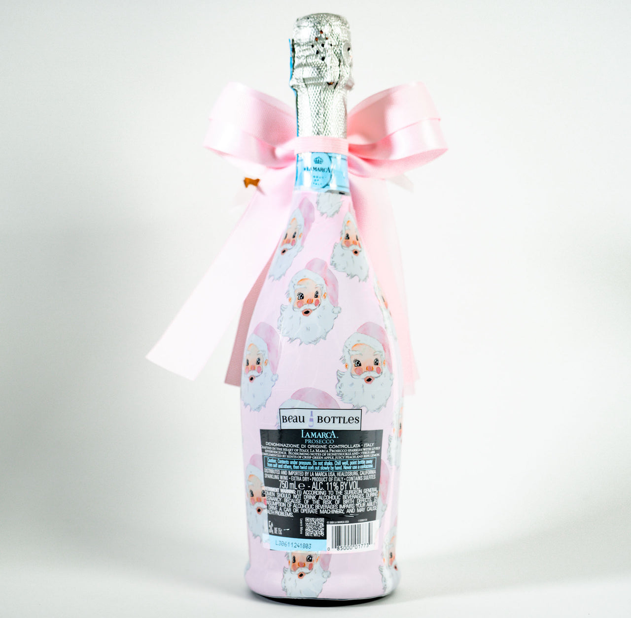 Wrapido Watercolor Pink Santa Bottle Wrap & Bougie Bow Matching Set on La Marca Prosecco