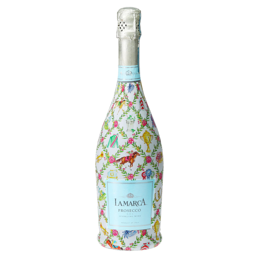 Rosanne Beck Kentucky Derby Prosecco Bottle Wrap bottle wrap on a La Marca prosecco bottle
