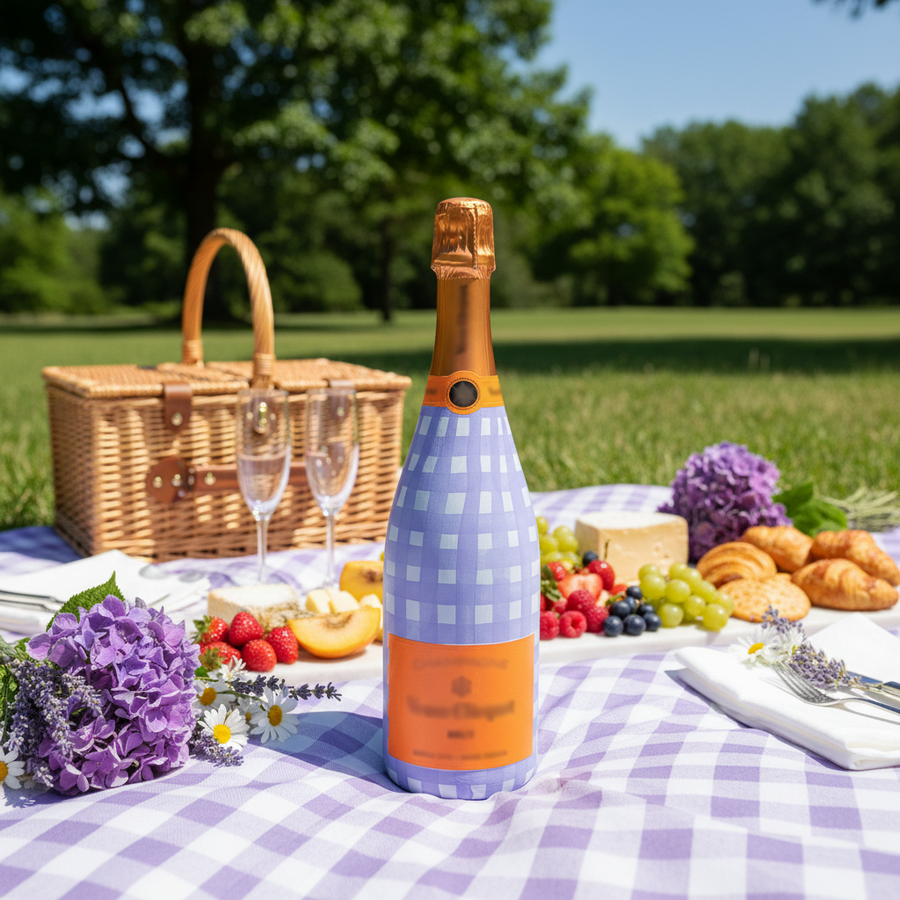 Lavender Haze Picnic Gingham Bottle Wrap on Champagne Bottle