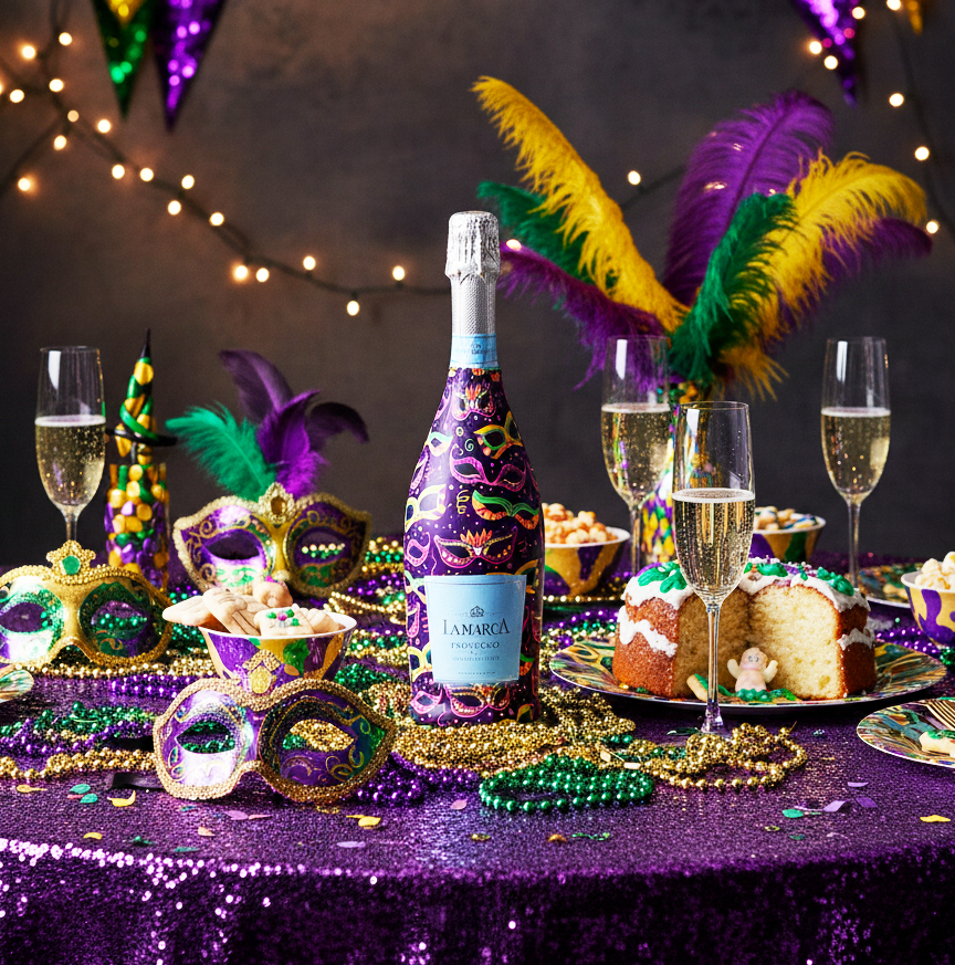 Limited Edition Mardi Masquerade Bottle Wrap on La Marca Prosecco