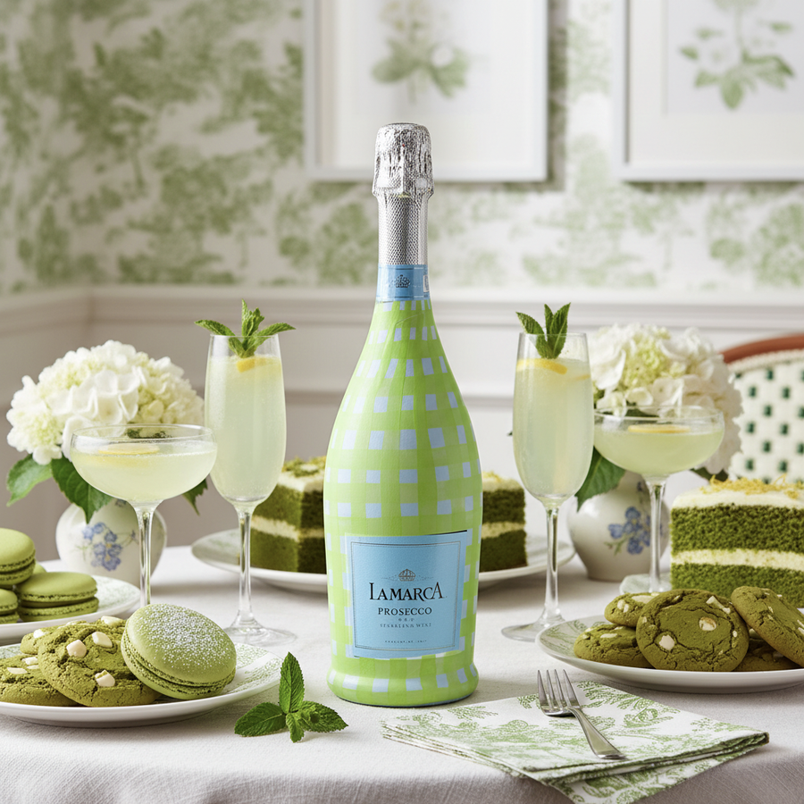Matcha Lemonade Picnic Gingham Bottle Wrap on La Marca Prosecco