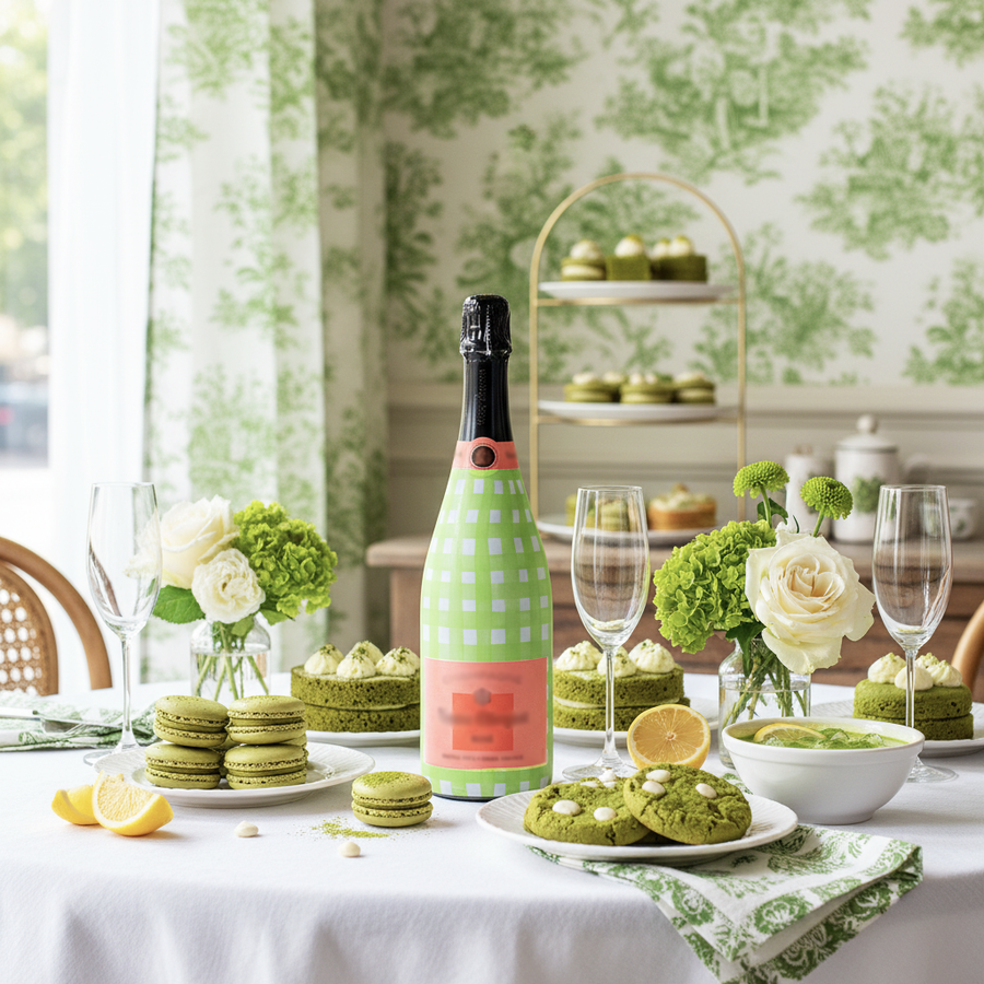Matcha Lemonade Picnic Gingham Bottle Wrap on Champagne Bottle