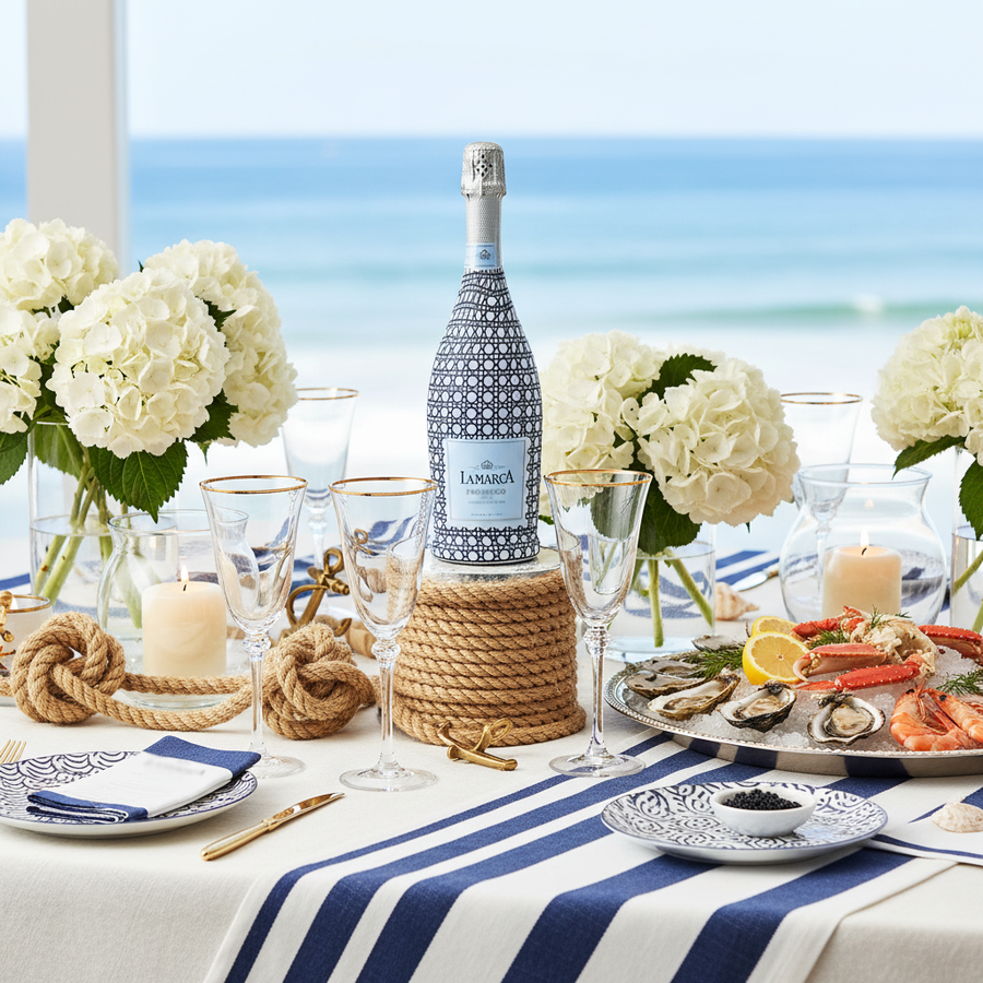 Navy and White Cane Bottle Wrap on La Marca Prosecco