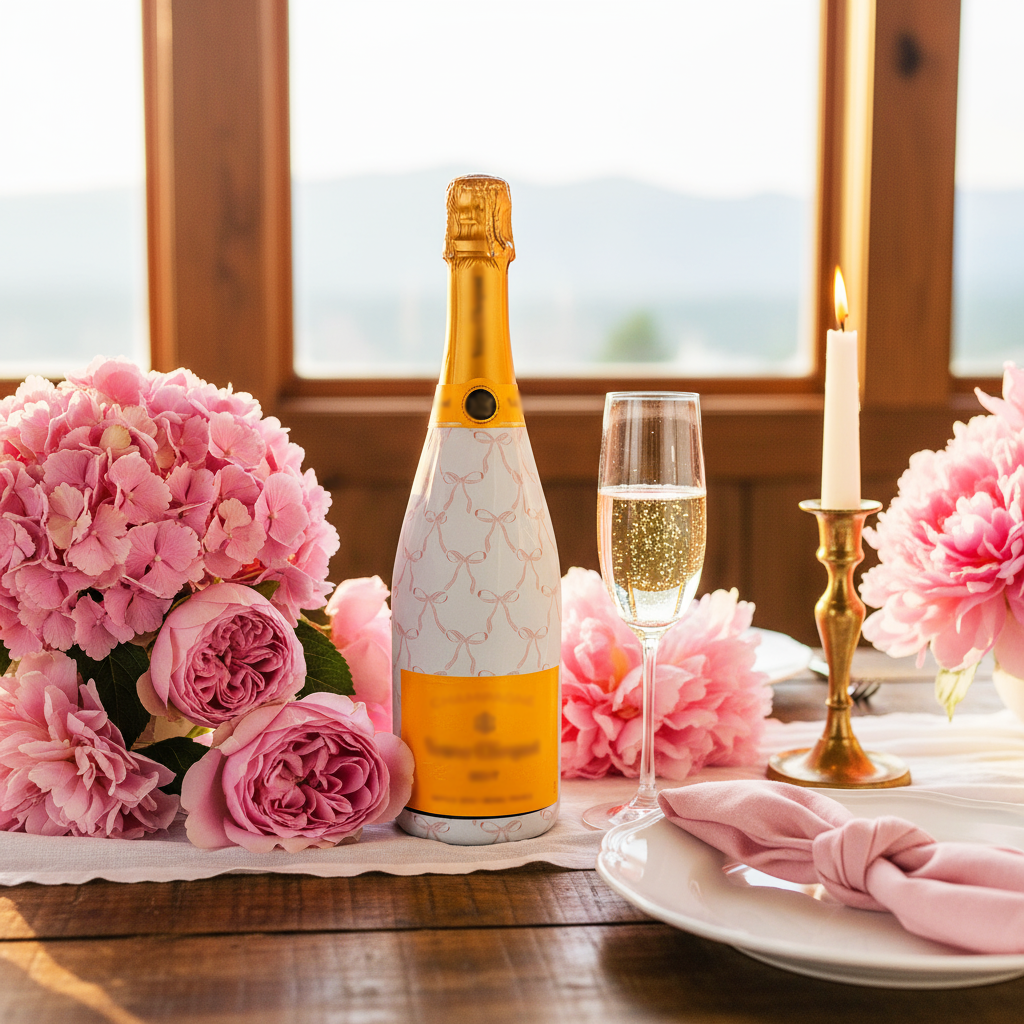 Grandmillenial Pink Bows Bottle Wrap on Champagne Bottle