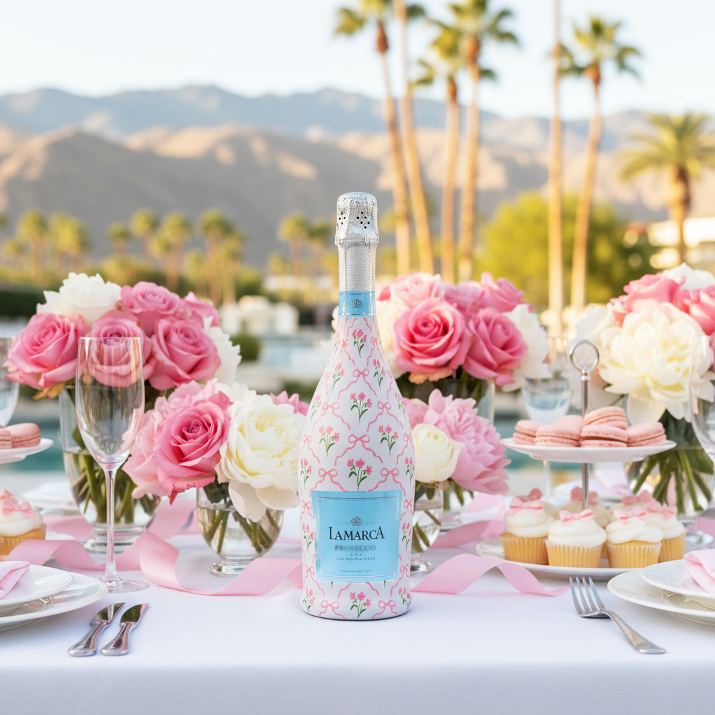 Pink Bows and Blossoms Bottle Wrap on La Marca Prosecco