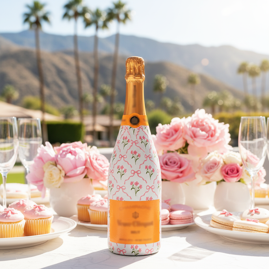 Pink Bows and Blossoms Bottle Wrap on Champagne Bottle