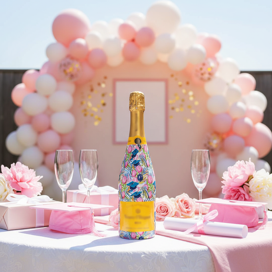 Pink Graduation Bottle Wrap on Champagne Bottle