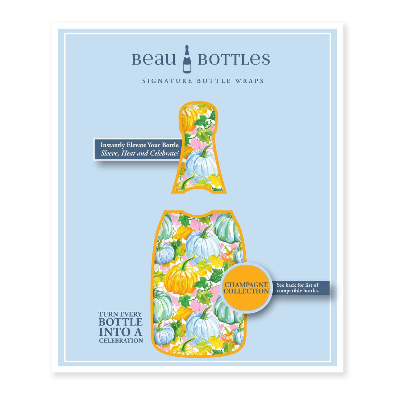 Orange and Blue Pumpkins Bottle Wrap on Champagne Bottle