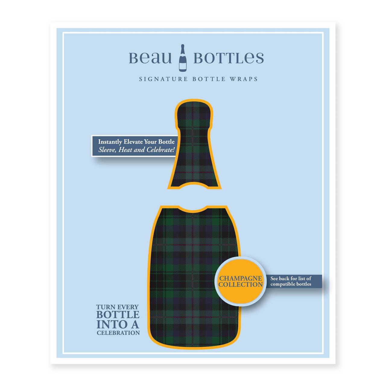 Blue and Green Christmas Tartan Bottle Wrap on Champagne Bottle