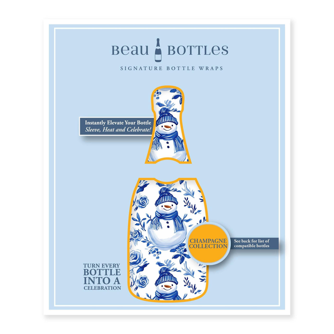 Blue and White Snowman Bottle Wrap on Champagne Bottle