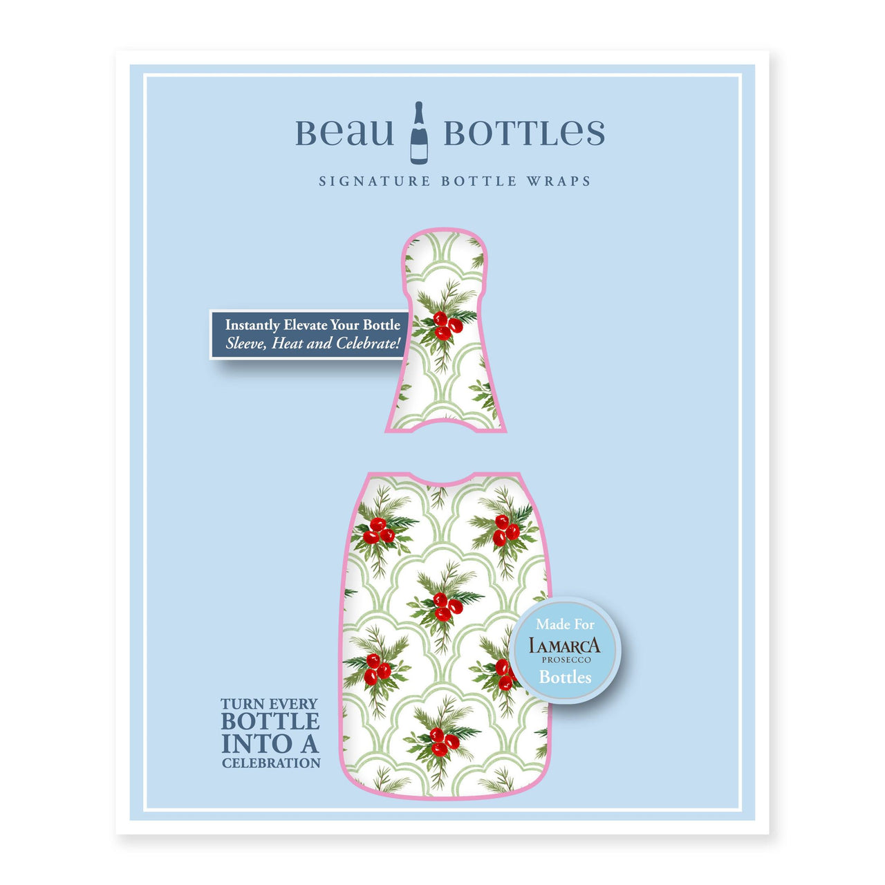 Limited Edition Scalloped Christmas Berries Bottle Wrap on La Marca Prosecco