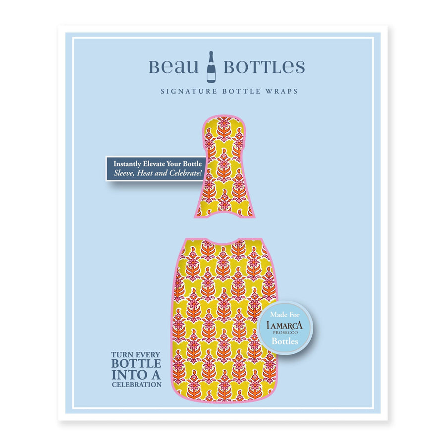 Indian Yellow Leaf Blockprint Bottle Wrap on La Marca Prosecco